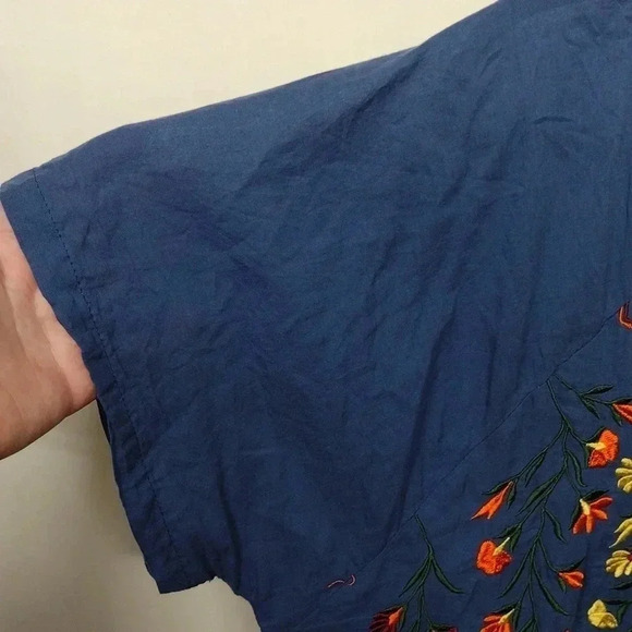 Anandas Boho Embroidered Tunic Top Navy Blue Fringe Hem Festival Style - Picture 6 of 7